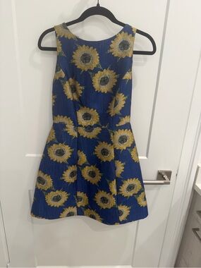 Blue Sunflower Print Fit-and-Flare Dress